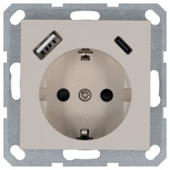 Розетка SHUKO© с USB A+C с защитными шторками 16A 250V~ 2P+T USB 25W, цвет Тауп, G5501USB-25T, JASMART