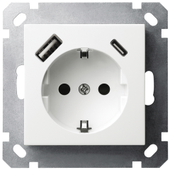 Розетка SHUKO© с USB A+C с защитными шторками 16A 250V~ 2P+T USB 25W, цвет белый глянцевый, G5501USB-25W, JASMART