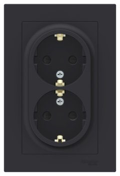 ATN001026 - AtlasDesign РОЗЕТКА двойная с заземлением со шторками, 16А, в сборе, КАРБОН