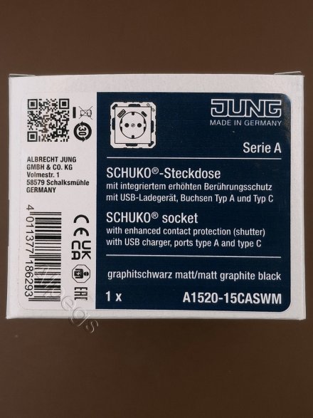 Розетка 2К+З 16А 250В, цвет матовый черный A1520-15CASWM
