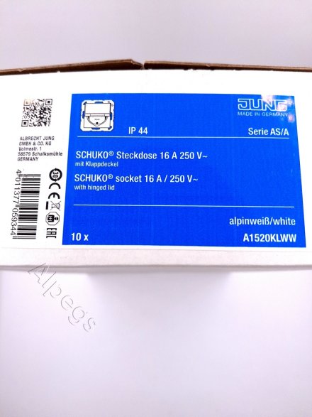 A1520KLWW Штепсельная розетка SCHUKO 16A 250V  с откидной крышкой; белая