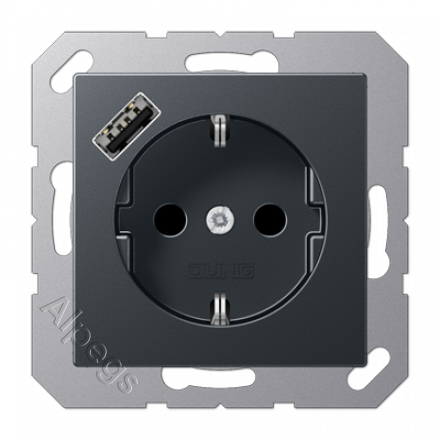 Розетка 2К+З 16А 250В, с разъемом USB Typ A A1520-18AANM