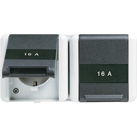 8220NAW Двойная горизонтальная SCHUKO-розетка 16A 250V  с полем для надписи IP44