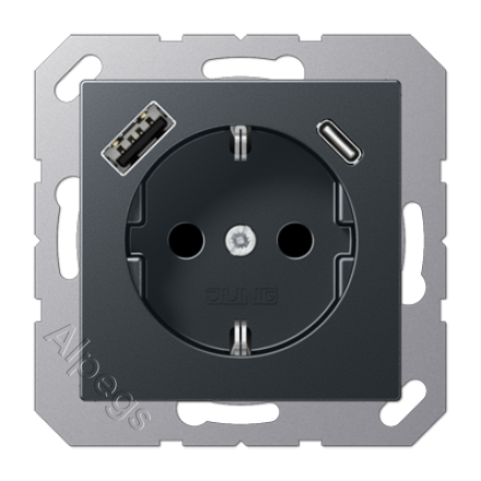 Розетка 2К+З 16А 250В, с разъемом USB Typ AC A1520-15CAANM